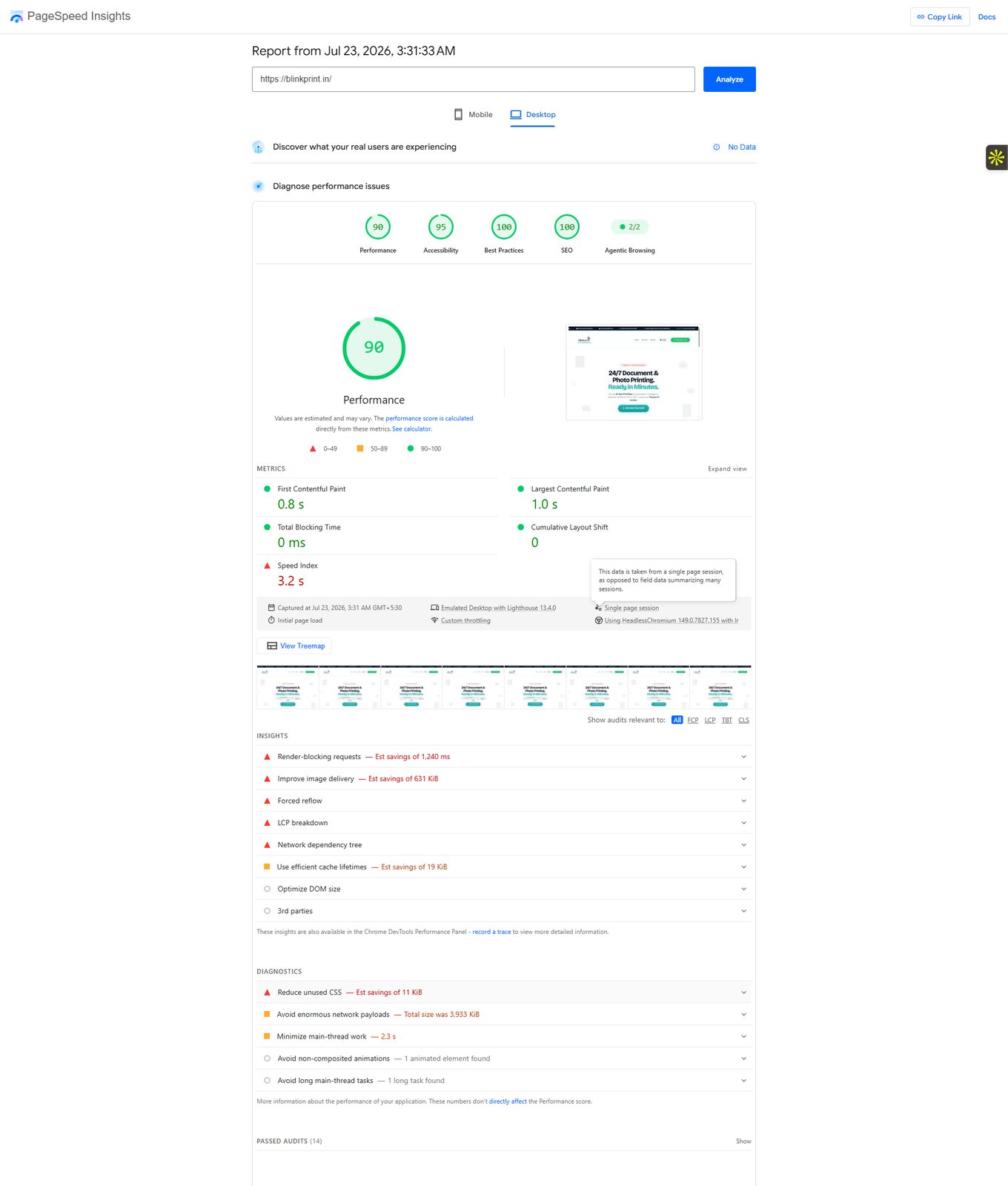 BlinkPrint.in SEO case study, Google PageSpeed Insights: 100/100 SEO · 100/100 Best Practices