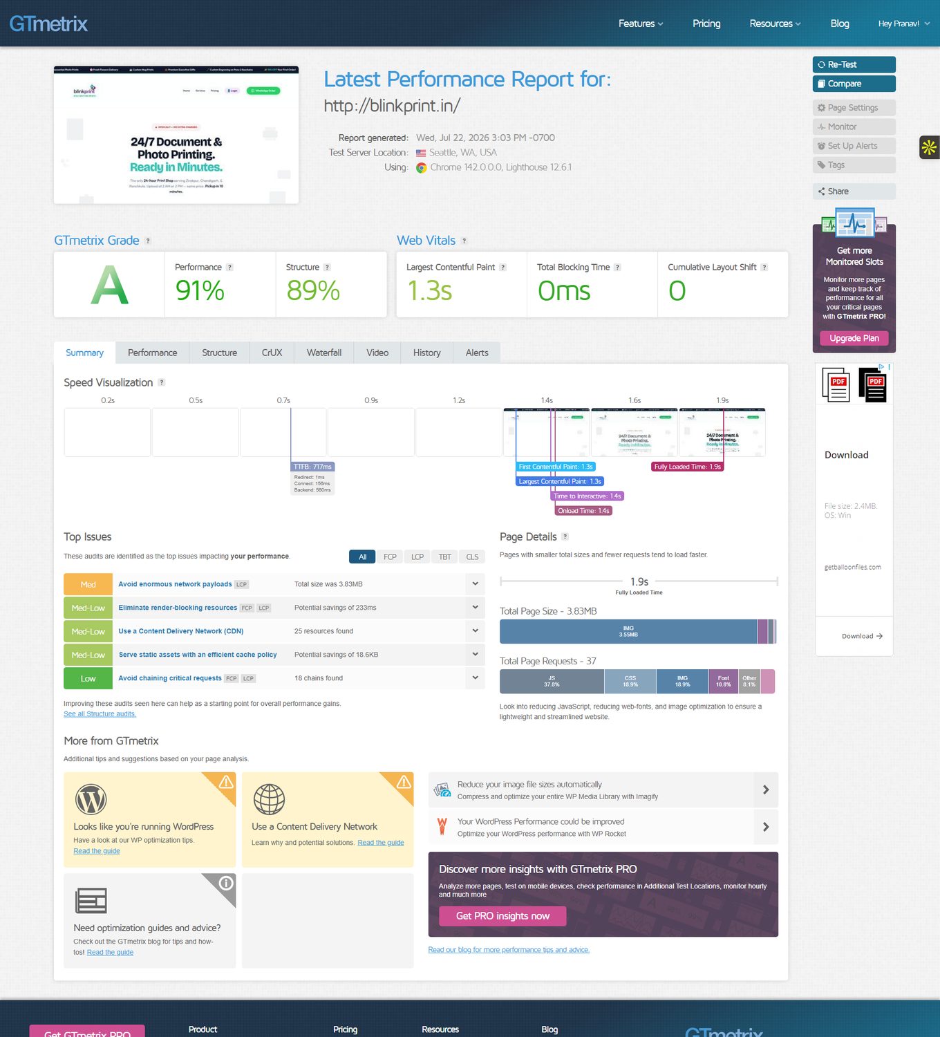 BlinkPrint.in SEO case study, GTmetrix Test: Grade A · 91% Performance